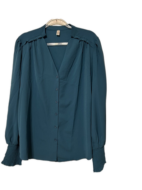 🎧Aifer Teal Button-Front Blouse with Smocked Cuffs size XL GUC